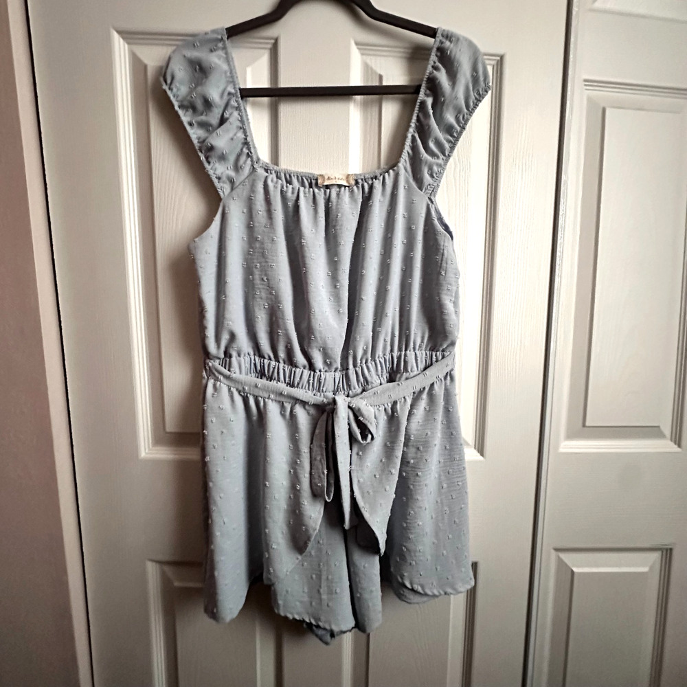 Altar'd State Large Light Blue Gray Swiss Dot Tie Waist Romper Milkmaid Cottage